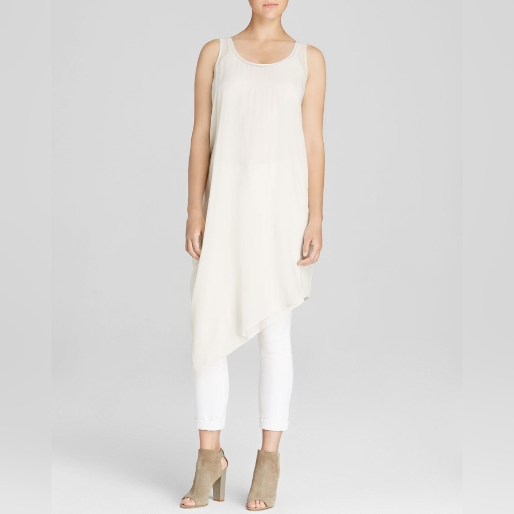 Eileen Fisher Bone Sheer Silk Georgette Asymmetrical Dress Tank Slip Large